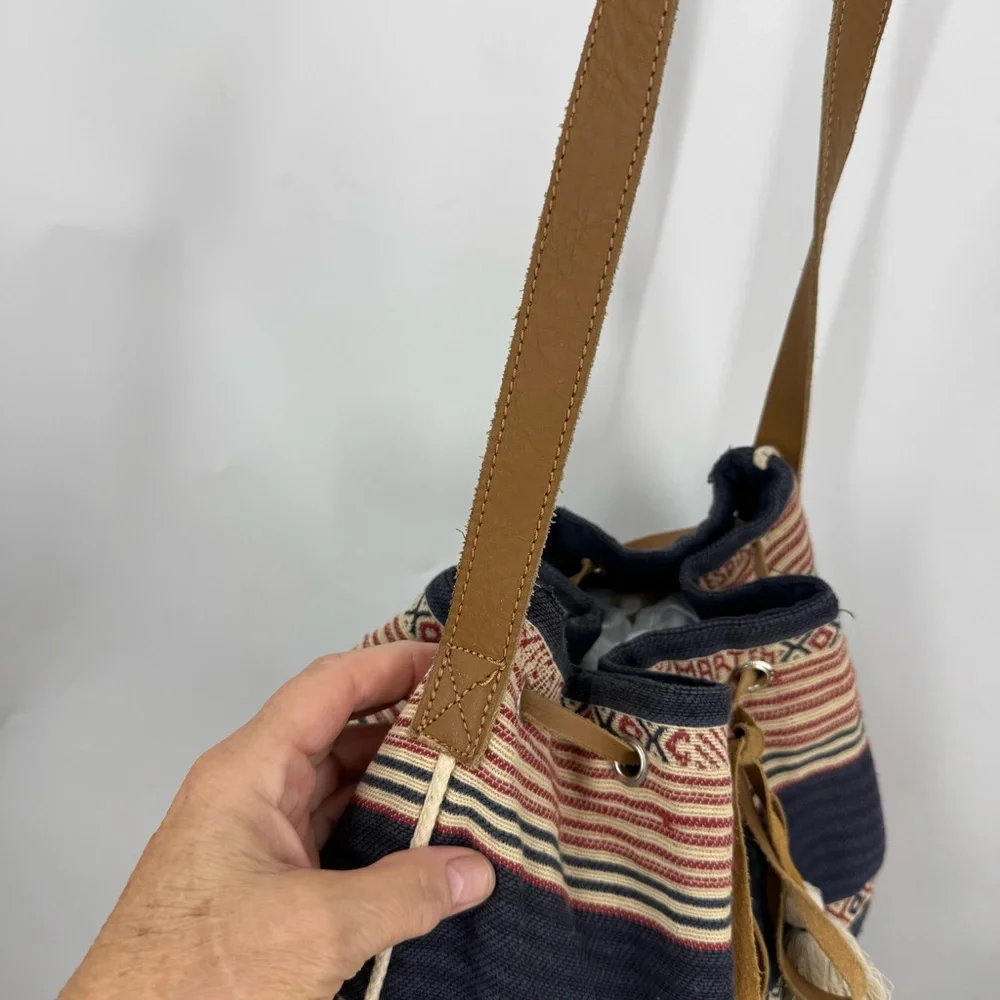 Star Mela vintage 100% cotton with leather strap and tassel bucket Boho bag
